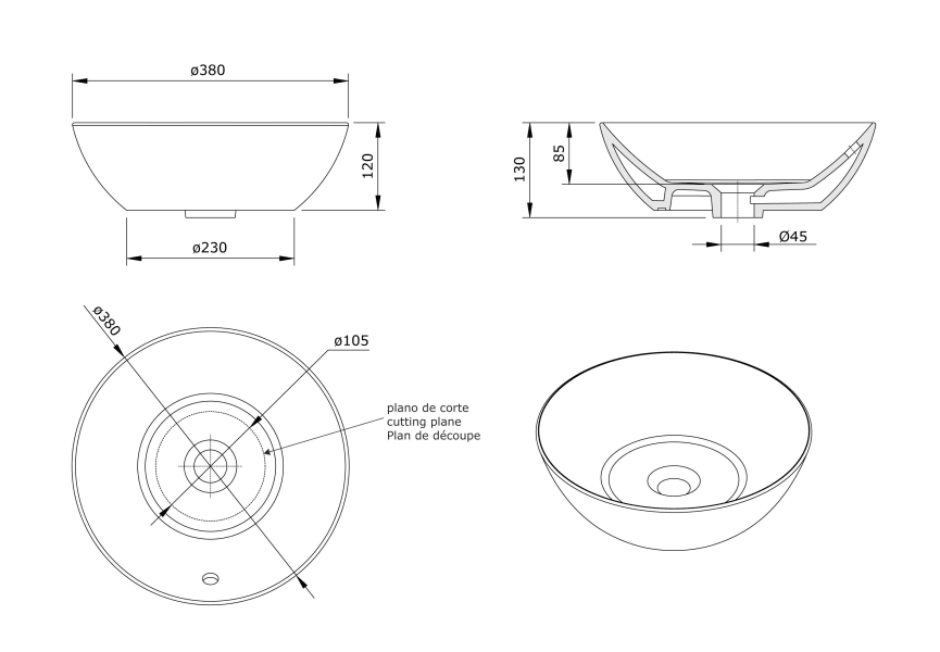 Lavabo sobre encimera bol Sanlife Unisan Sanidusa croquis 2