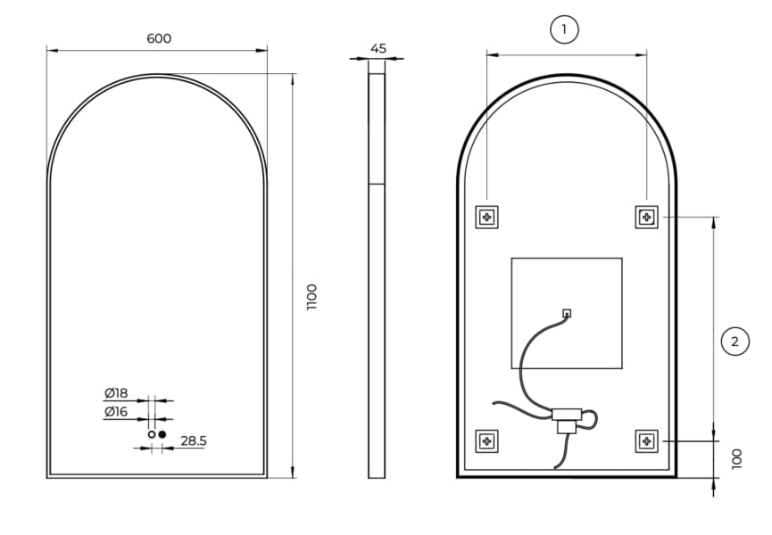 Espejo arco con luz LED Roma Ledimex croquis 7