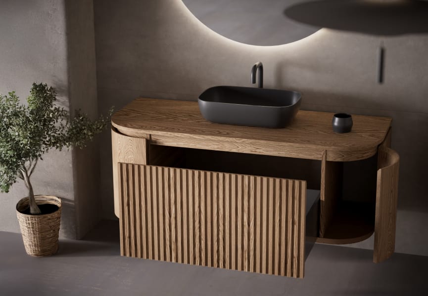 Mueble de baño madera maciza de fresno con encimera de madera Neo Curve Bruntec detalle 1
