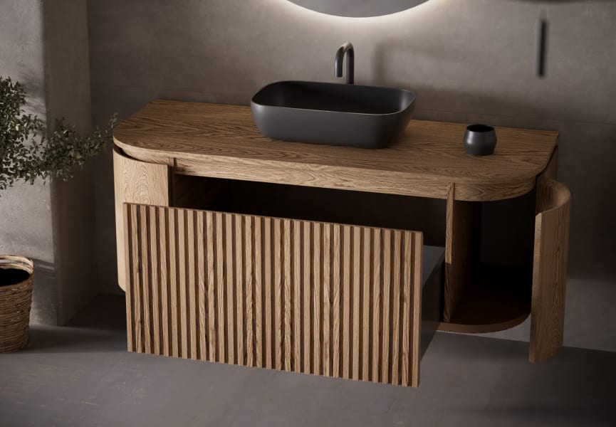 Mueble de baño madera varias medidas, maciza de fresno con encimera de madera Evo Curve Bruntec detalle 1