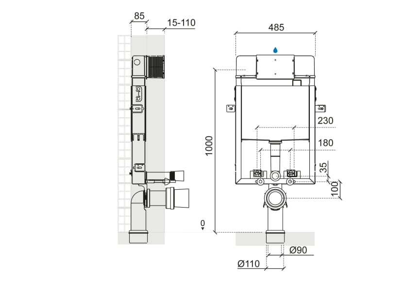 Pack inodoro + cisterna empotrada + pulsador Look Unisan Sanindusa croquis 10