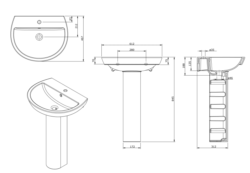 Lavabo con pedestal Easy Unisan Sanidusa croquis 3