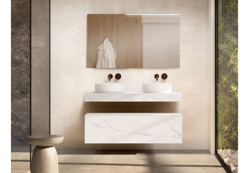 Mueble de baño con encimera de madera 10 cm de altura en color Cala con cajonera Nomad Visobath principal 2