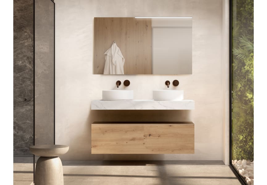Mueble de baño con encimera de madera 10 cm de altura en color Cala con cajonera Nomad Visobath principal 1