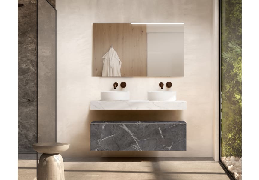 Mueble de baño con encimera de madera 10 cm de altura en color Cala con cajonera Nomad Visobath principal 3