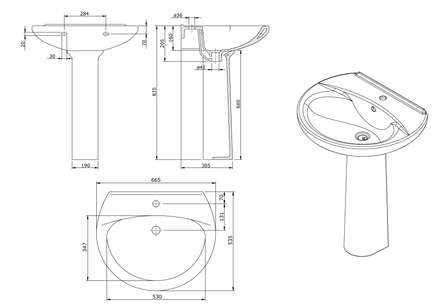 Lavabo con pedestal Benissa Unisan Sanidusa croquis 3