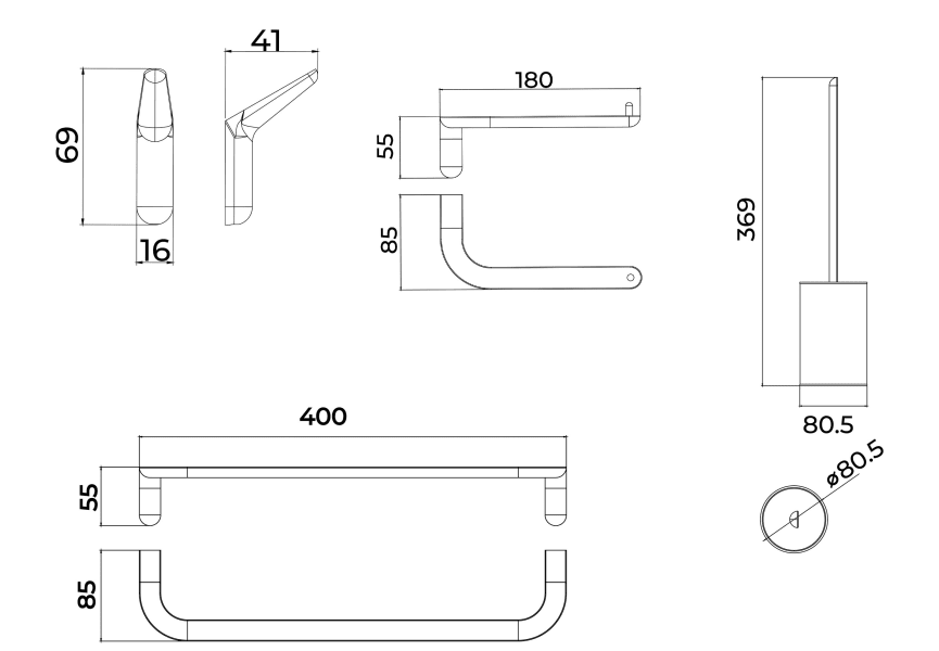 Conjunto de accesorios de baño Aura Medimex croquis 14