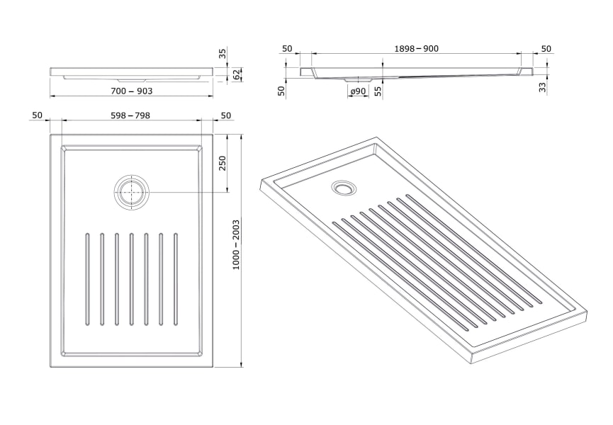 Plato de ducha texturizado de 160x70 cm con ala de 75 mm modelo Piano marca  Unisan