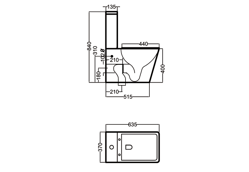 Inodoro compacto Rimless Square de Bruntec croquis 7