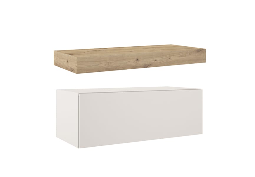 Mueble de baño con encimera de madera 10 cm de altura en color roble costa con cajonera Nomad Visobath principal 3