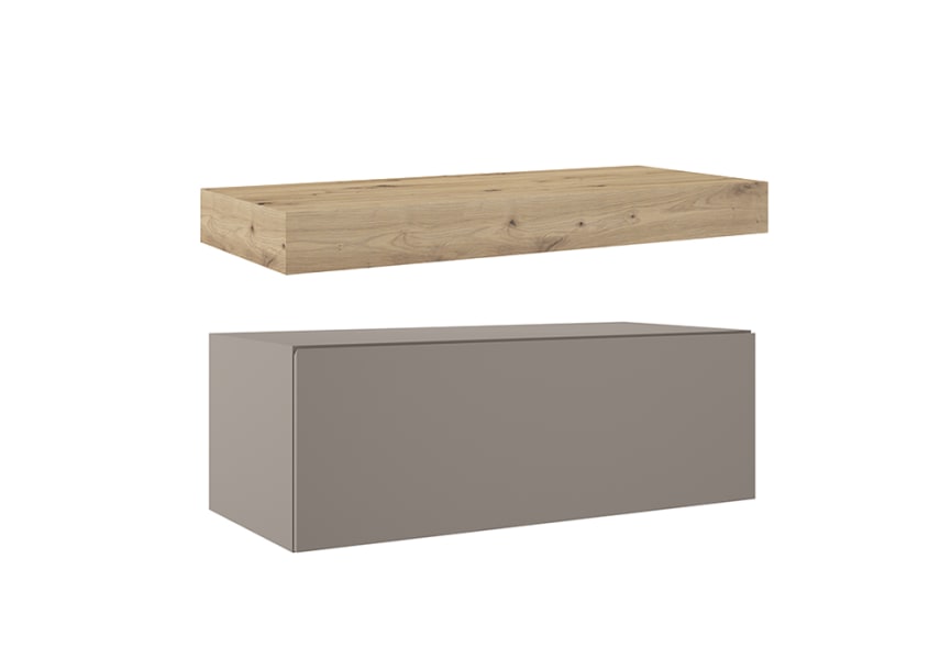 Mueble de baño con encimera de madera 10 cm de altura en color roble costa con cajonera Nomad Visobath principal 6