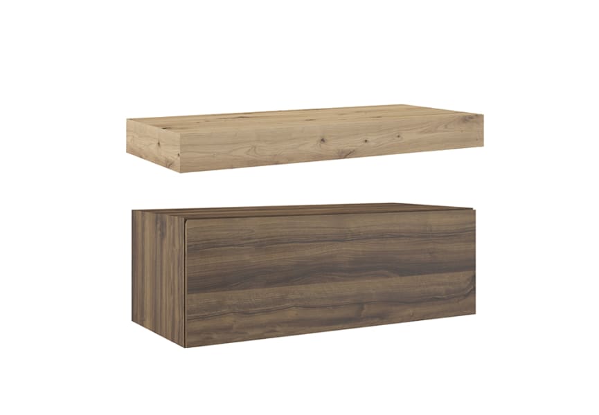 Mueble de baño con encimera de madera 10 cm de altura en color roble costa con cajonera Nomad Visobath principal 2
