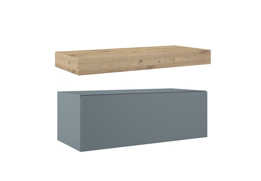 Mueble de baño con encimera de madera 10 cm de altura en color roble costa con cajonera Nomad Visobath principal 5