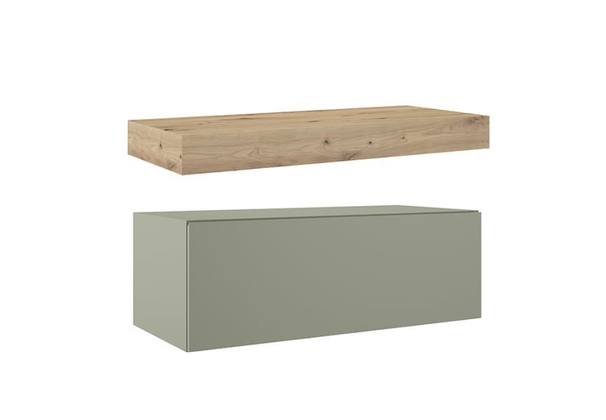 Mueble de baño con encimera de madera 10 cm de altura en color roble costa con cajonera Nomad Visobath principal 4