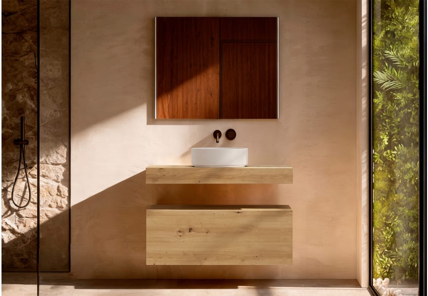 Mueble de baño con encimera de madera 10 cm de altura en color roble costa con cajonera Nomad Visobath principal 1