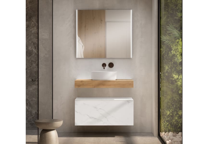 Mueble de baño con encimera de madera 10 cm de altura en color roble costa con cajonera Nomad Visobath principal 2