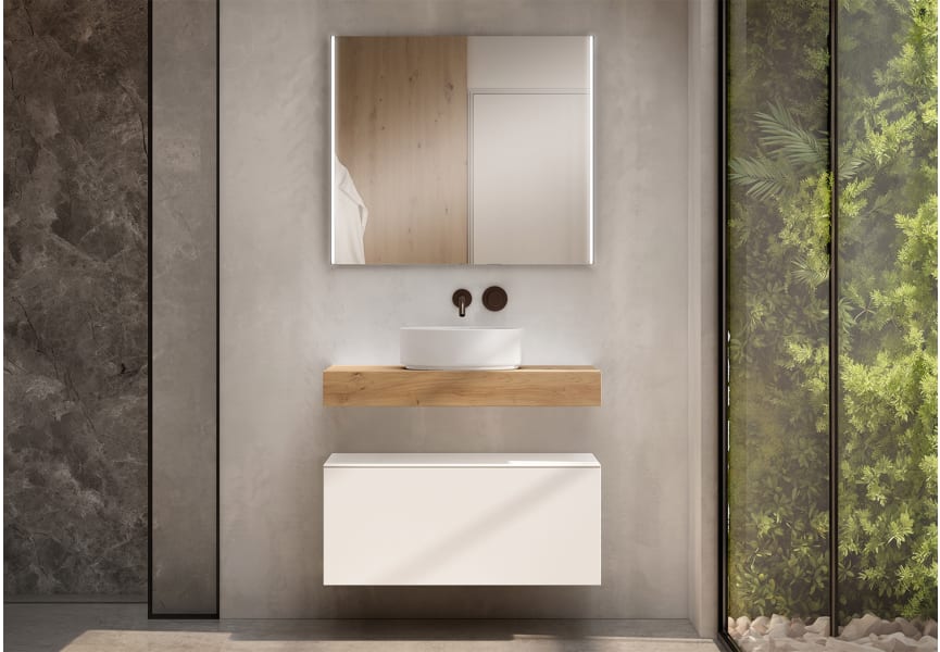 Mueble de baño con encimera de madera 10 cm de altura en color roble costa con cajonera Nomad Visobath principal 0
