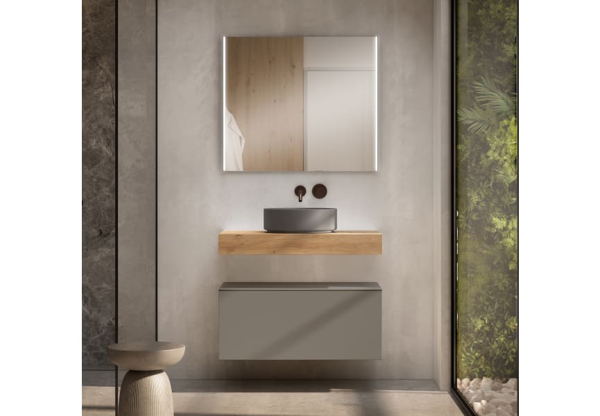 Mueble de baño con encimera de madera 10 cm de altura en color roble costa con cajonera Nomad Visobath principal 1