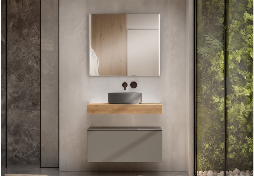 Mueble de baño con encimera de madera 10 cm de altura en color roble costa con cajonera Nomad Visobath principal 7