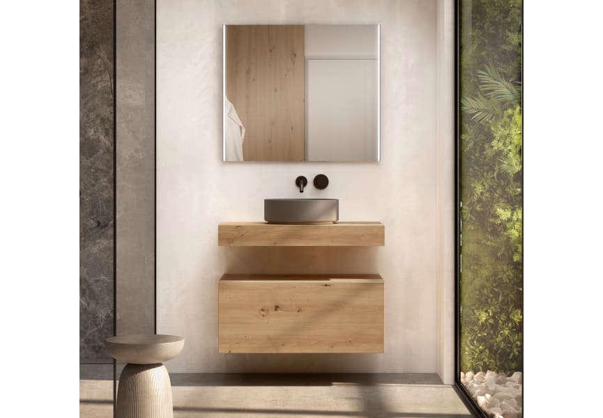 Conjunto mueble de baño con encimera de madera 10 cm de altura en color roble costa con cajonera Nomad Visobath principal 3