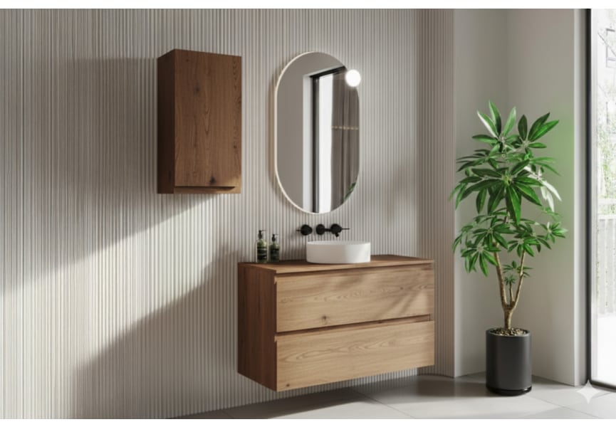 Mueble de baño color madera laminado con encimera de madera Vilma Bruntec principal 2