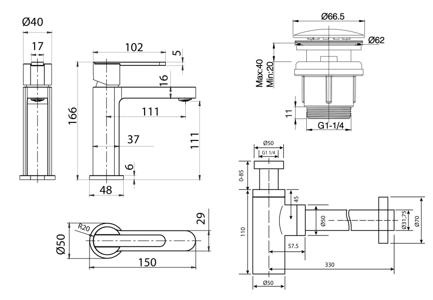 Pack Grifo de lavabo Roma Imex + Válvula click-clack + Sifón croquis 4