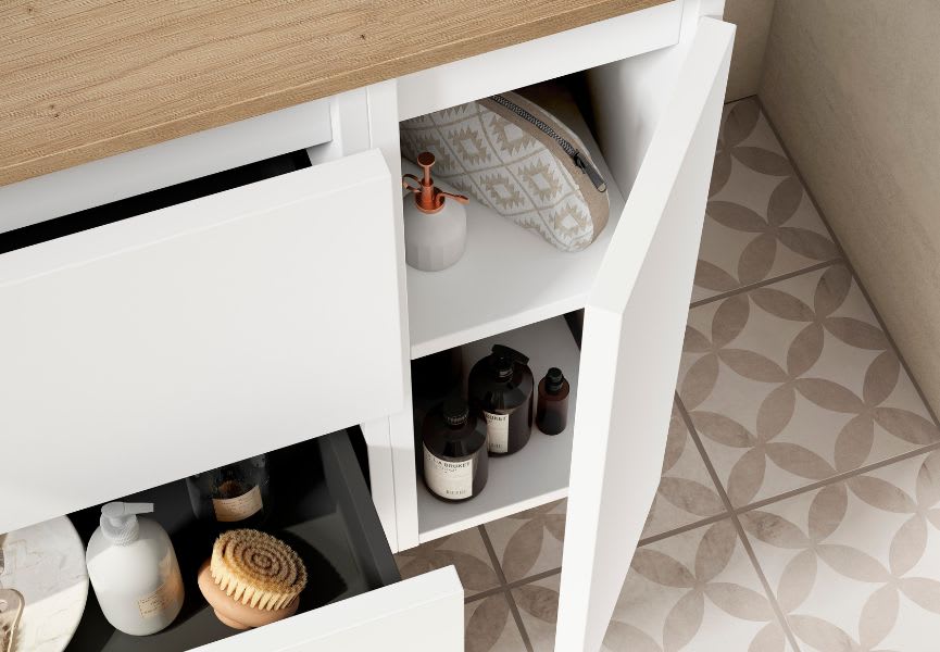 Mueble de baño con encimera de madera Hidrofuga roble costa Box Visobath detalle 2