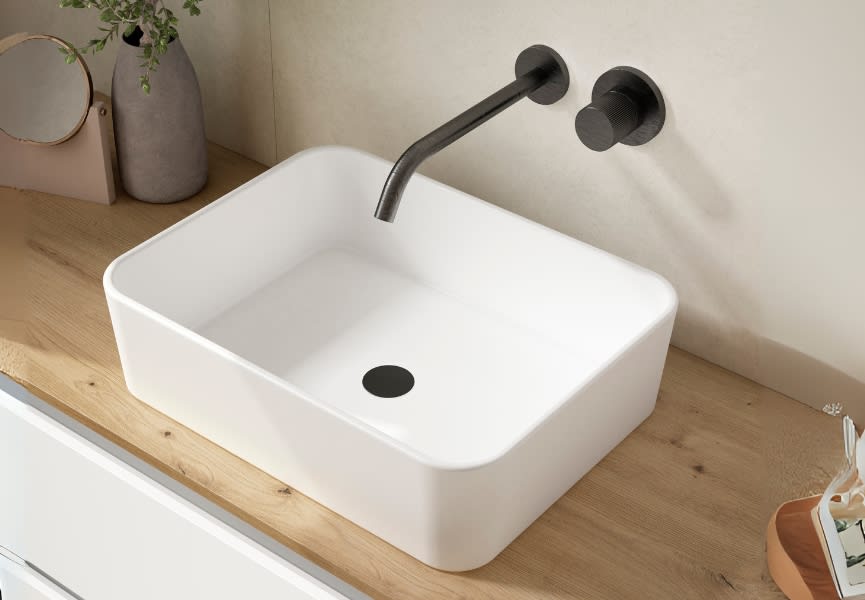 Mueble de baño con encimera de madera Hidrofuga roble costa Box Visobath detalle 1