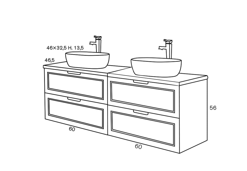 Conjunto mueble de baño con lavabo sobre encimera Alma Sanchís croquis 3