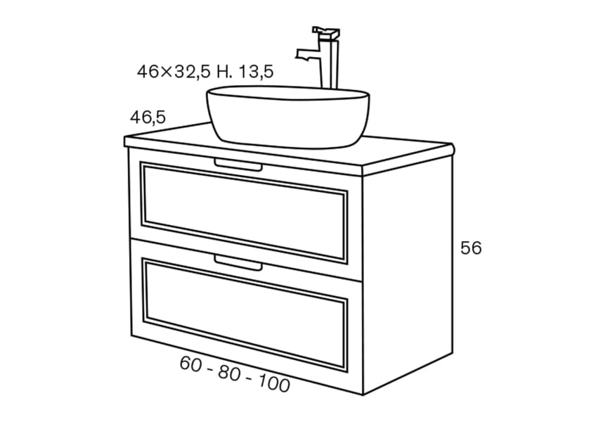 Conjunto mueble de baño con lavabo sobre encimera Alma Sanchís croquis 2