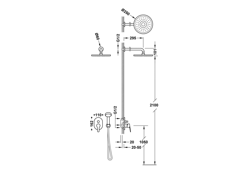 Conjunto de ducha y bañera empotrado Base Tres croquis 1