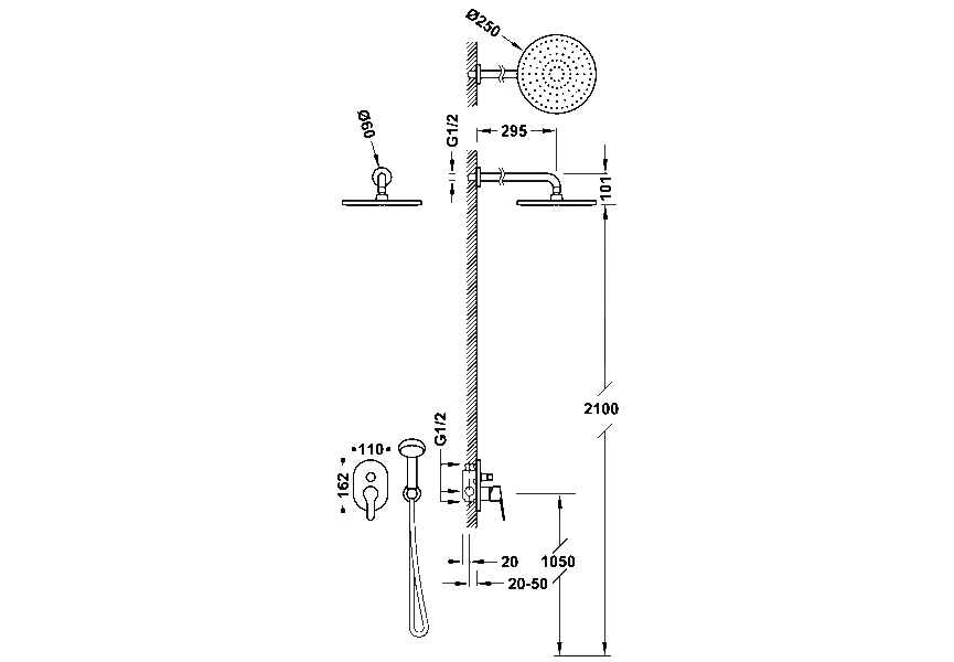 Conjunto de ducha y bañera empotrado Base Tres croquis 1