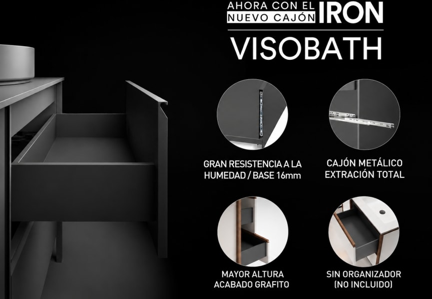 Mueble de baño con encimera de madera 10 cm de altura con cajonera Nomad monocolor Visobath opción 10