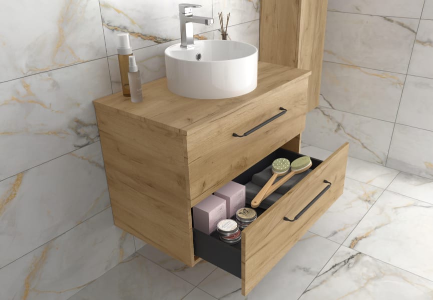 Conjunto mueble de baño con lavabo sobre encimera Morai Salgar detalle 1