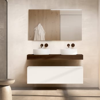 Conjunto mueble de baño con encimera de madera 10 cm de altura en color Valenti con cajonera Nomad Visobath