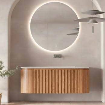 Conjunto de mueble de baño madera varias medidas, maciza de fresno con lavabo Solid Surface Evo Curve Bruntec