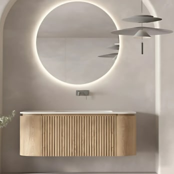 Conjunto de mueble de baño madera varias medidas, maciza de fresno con lavabo Solid Surface Evo Curve Bruntec