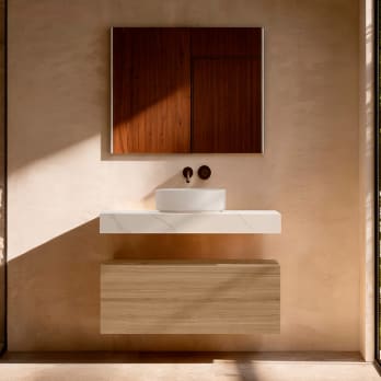 Mueble de baño con encimera HPL resina 10 cm acabado marmoleado Cala con cajonera Nomad Visobath