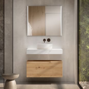 Conjunto mueble de baño con encimera de madera 10 cm de altura en color marmoleado Cala con cajonera Nomad Visobath