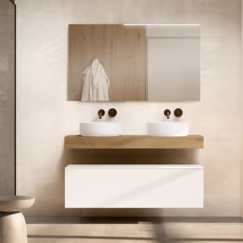 Conjunto mueble de baño con encimera de madera 10 cm de altura en color roble costa con cajonera Nomad Visobath