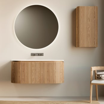 Conjunto mueble de baño madera maciza de fresno con lavabo Solid Suface Neo Curve Bruntec
