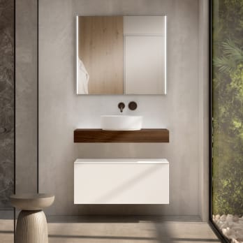 Mueble de baño con encimera de madera 10 cm de altura en color Valenti  con cajonera Nomad Visobath