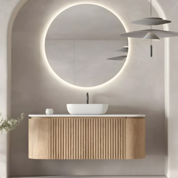 Mueble de baño madera varias medidas, maciza de fresno con encimera Solid Surface Evo Curve Bruntec