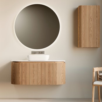 Mueble de baño madera varias medidas maciza de fresno con encimera Solid Surface Neo Curve Bruntec