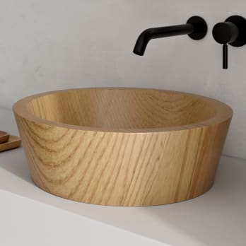 Lavabo de baño moderno con una elegante encimera de madera creada con  tecnología de ia generativa