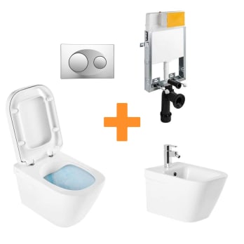 Pack inodoro suspendido + cisterna empotrada + pulsador + bide Look Unisan Sanindusa