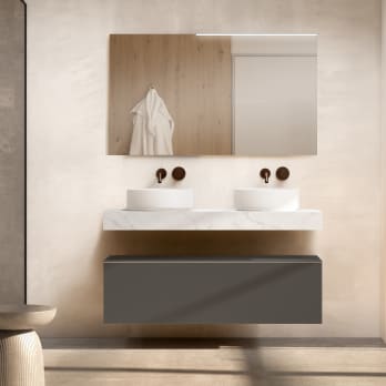 Mueble de baño con encimera de madera 10 cm de altura en color Cala con cajonera Nomad Visobath