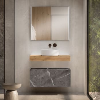 Mueble de baño con encimera de madera 10 cm de altura en color roble costa con cajonera Nomad Visobath