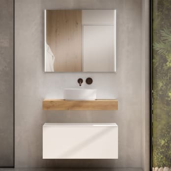 Mueble de baño con encimera de madera 10 cm de altura en color roble costa con cajonera Nomad Visobath