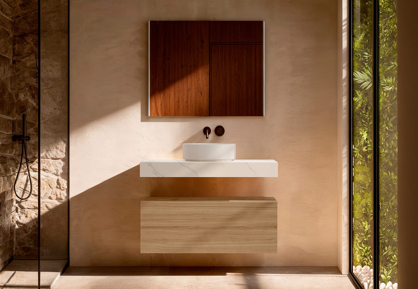 Mueble de baño con encimera HPL resina 10 cm acabado marmoleado Cala con cajonera Nomad Visobath principal 0